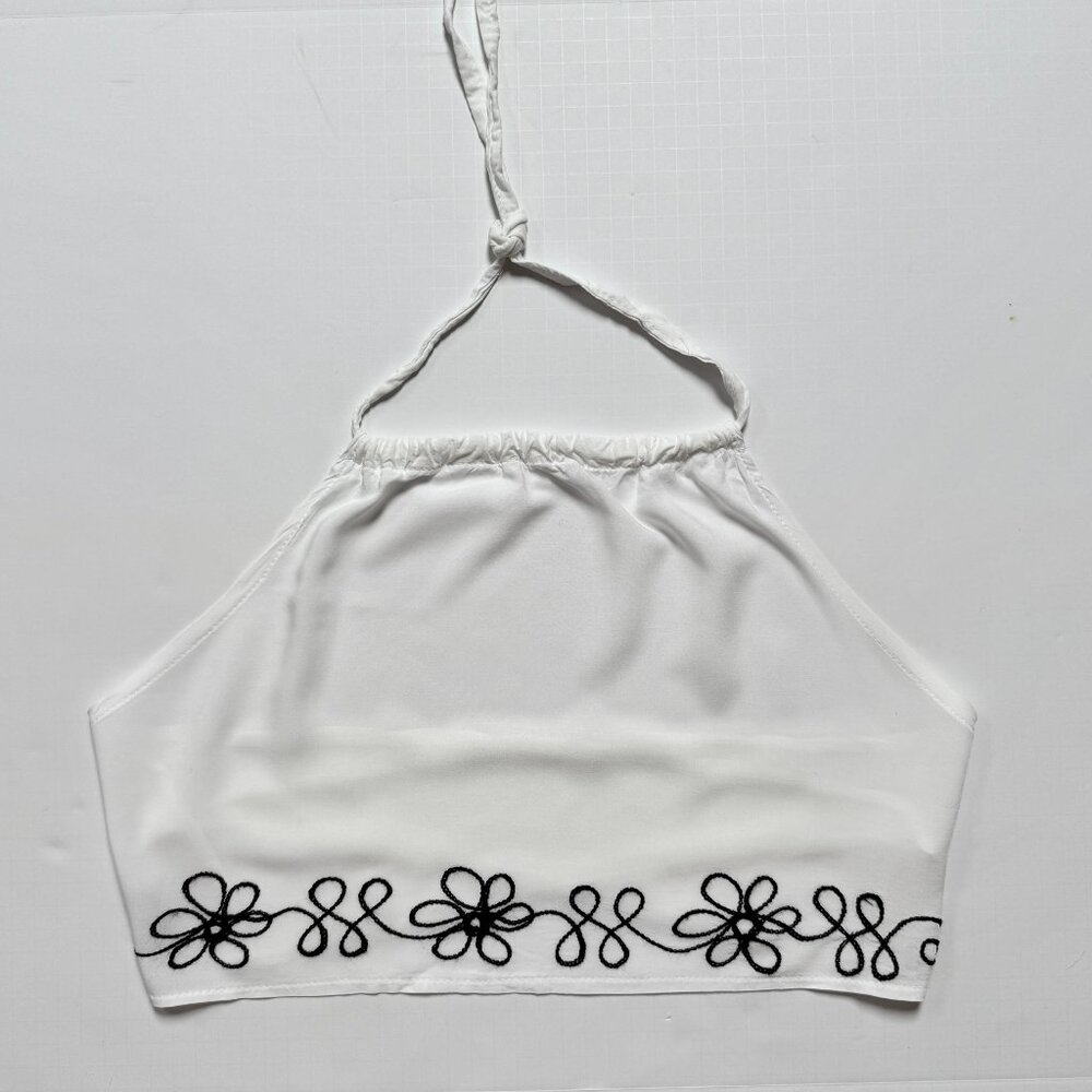 UNBRANDED / White Halter Crop Top / Black Floral Embroidery / Size Small
